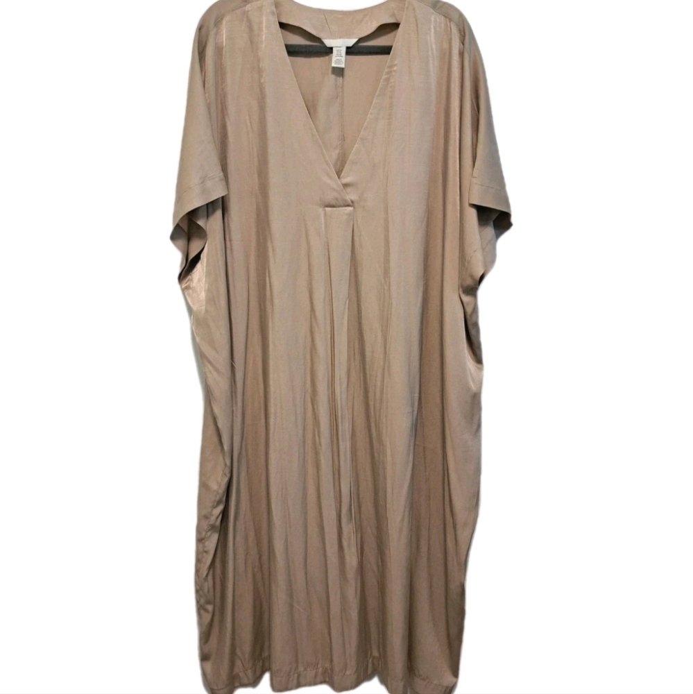H&M Satin Kaftan Dress Beige V-Neck Midi Drapey Slouchy Oversized Boho Sz XXL - Picture 3 of 11